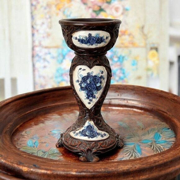 Vintage  Majolica Pedestal Candle Holder Hand-Painted Size 5.5" Tall - Picture 1 of 12